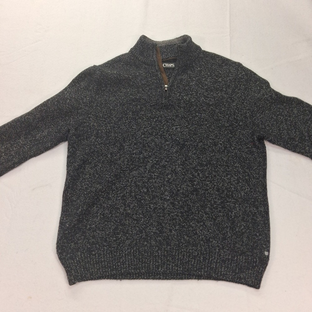 Chaps Sweater Mens Large Quarter Zip Black White Marled Cotton Blend EUC